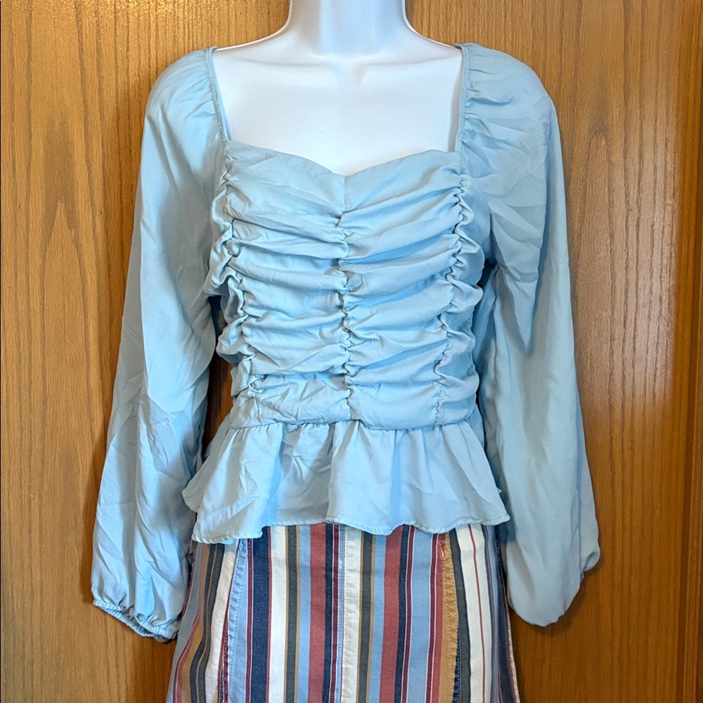 SHINESTAR SIZE M Light Blue Ruched Long Sleeve Blouse